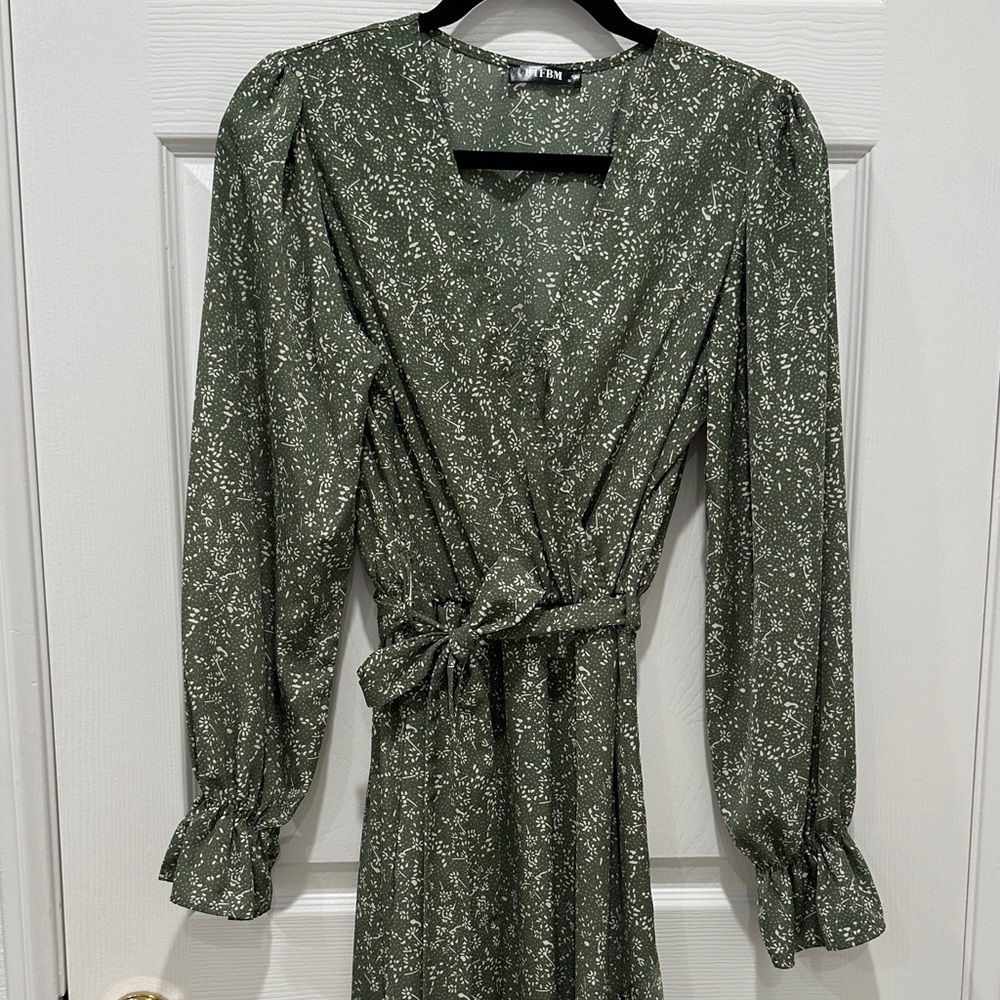BTFBM Olive Green Floral Long Sleeve Maxi Ruffle Dress